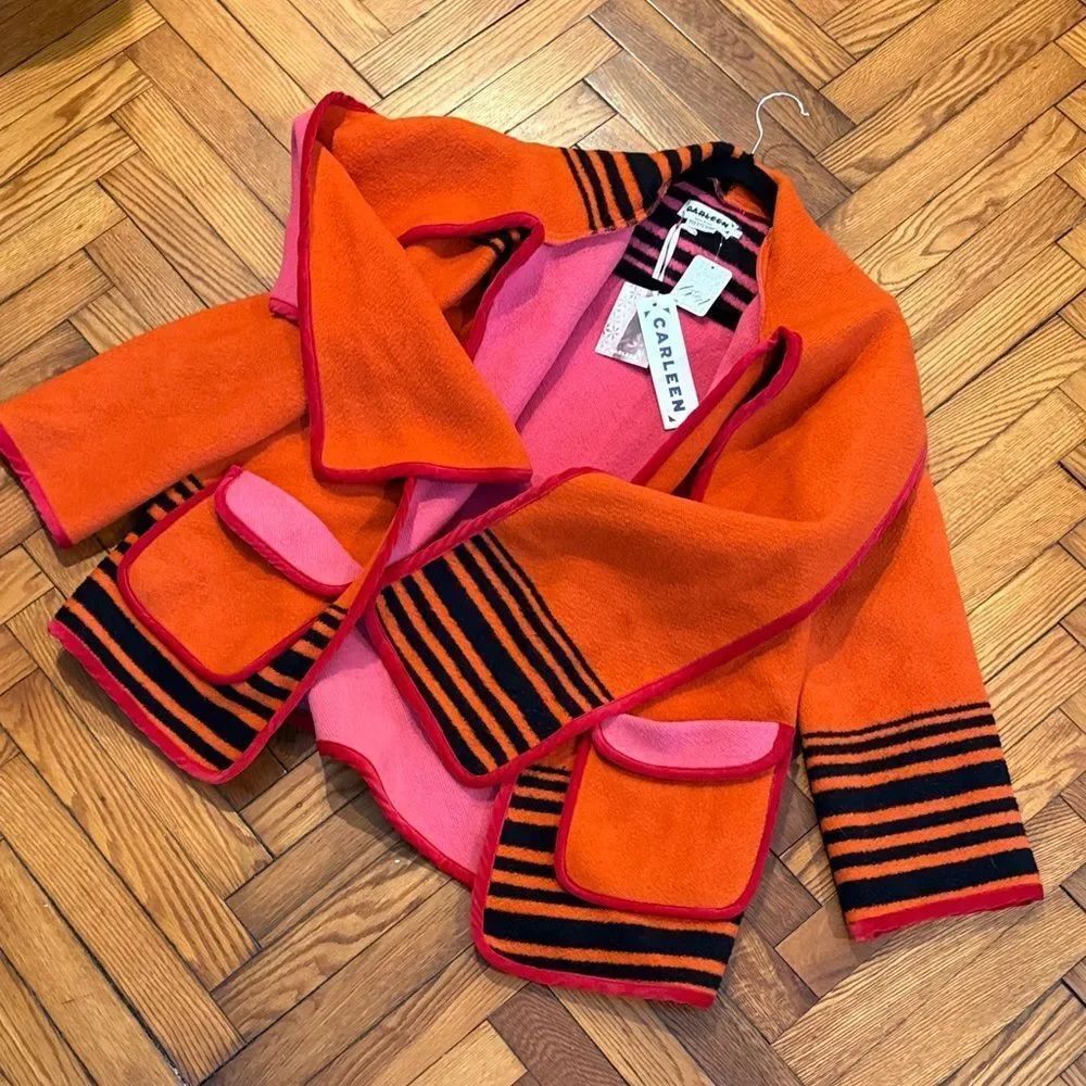 Carleen Free People One-Of-A-Kind Plaid Wool Scarf Jacket Orange & Pink — image 2 of 6